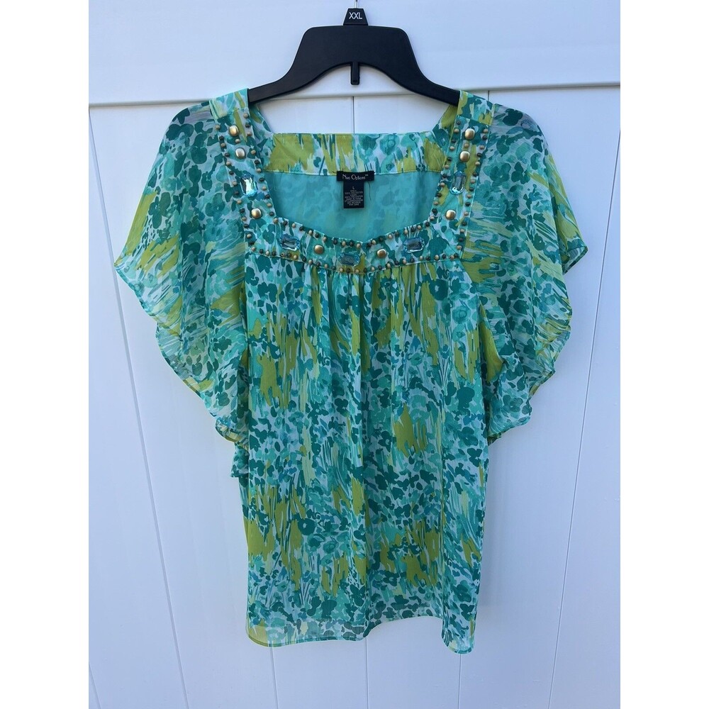 NUE OPTIONS Womens Batwing Top Rhinestones Colorful Sz Large Lined Square Neck